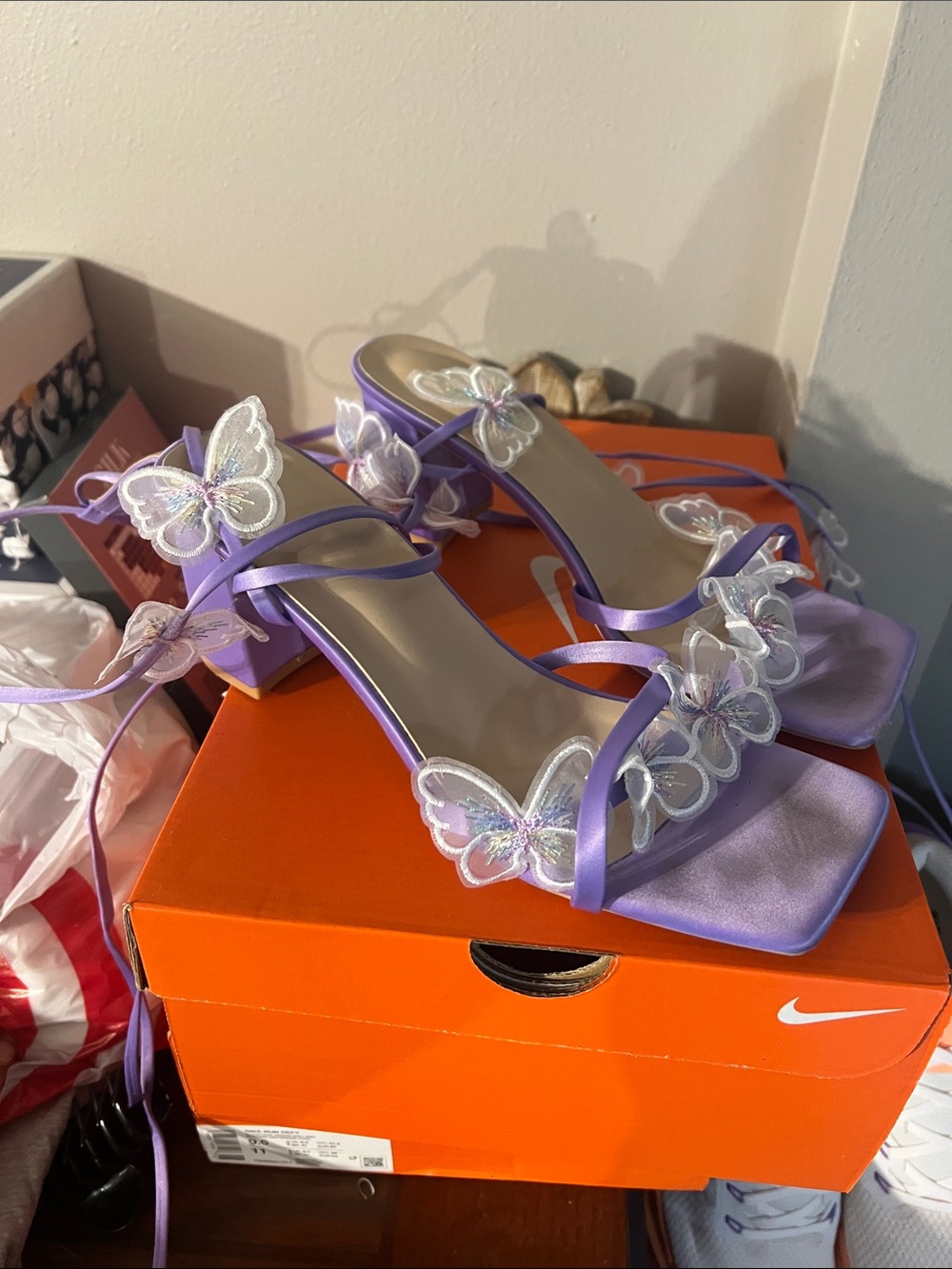 Lilac Butterfly Embellished Block Heel Sandals